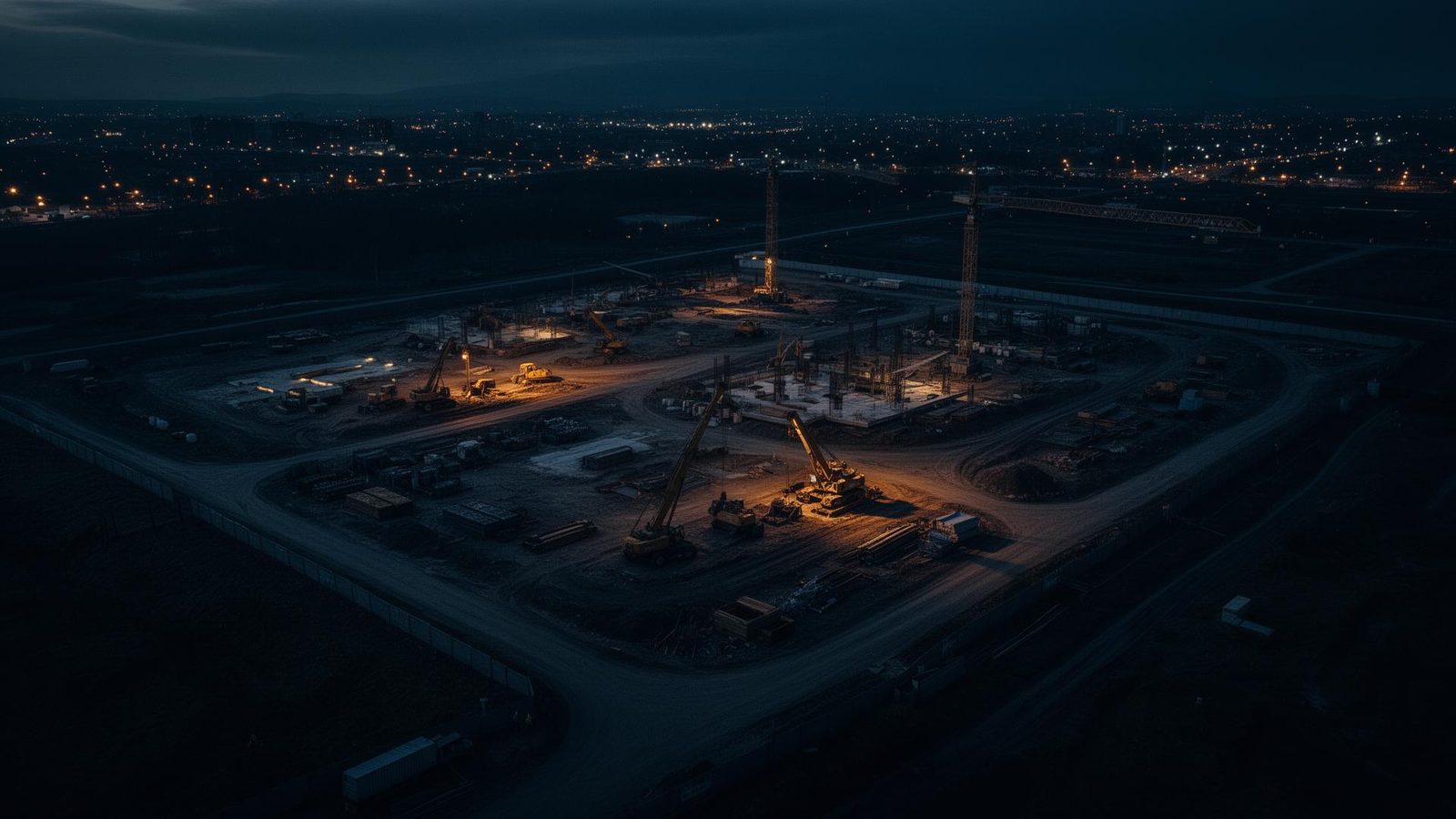 Solar-powered mobile surveillance trailer deployed at a worksite at dusk